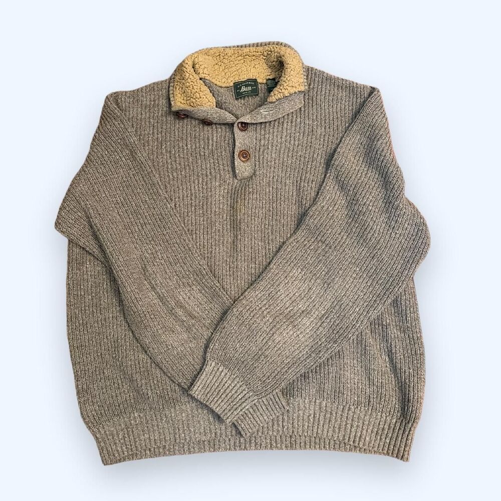 G.H. Bass & Co. Sherpa Collar Pullover Sweater Heather Gray Knit Size L